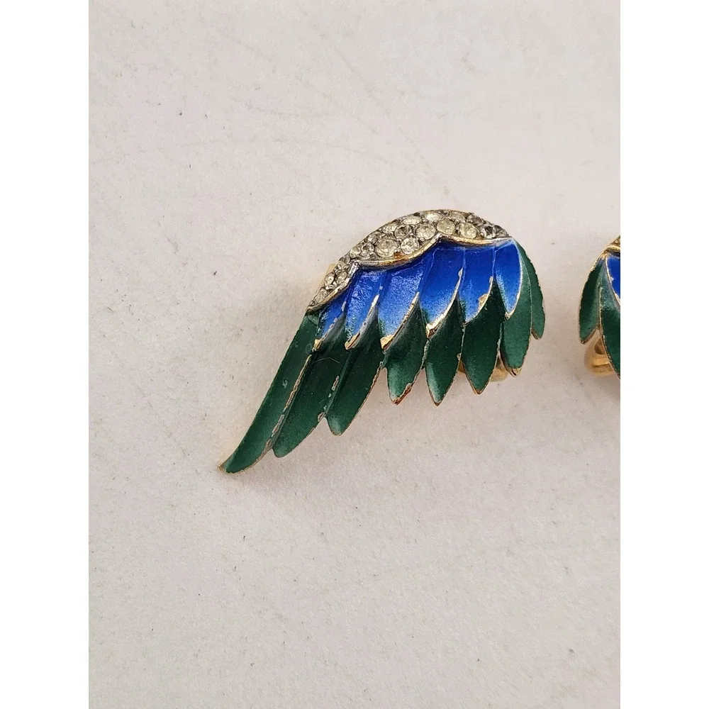 Trifari Birds‎ of Paradise Brooch & Earring Set Blue Green Enamel Rhinestone
